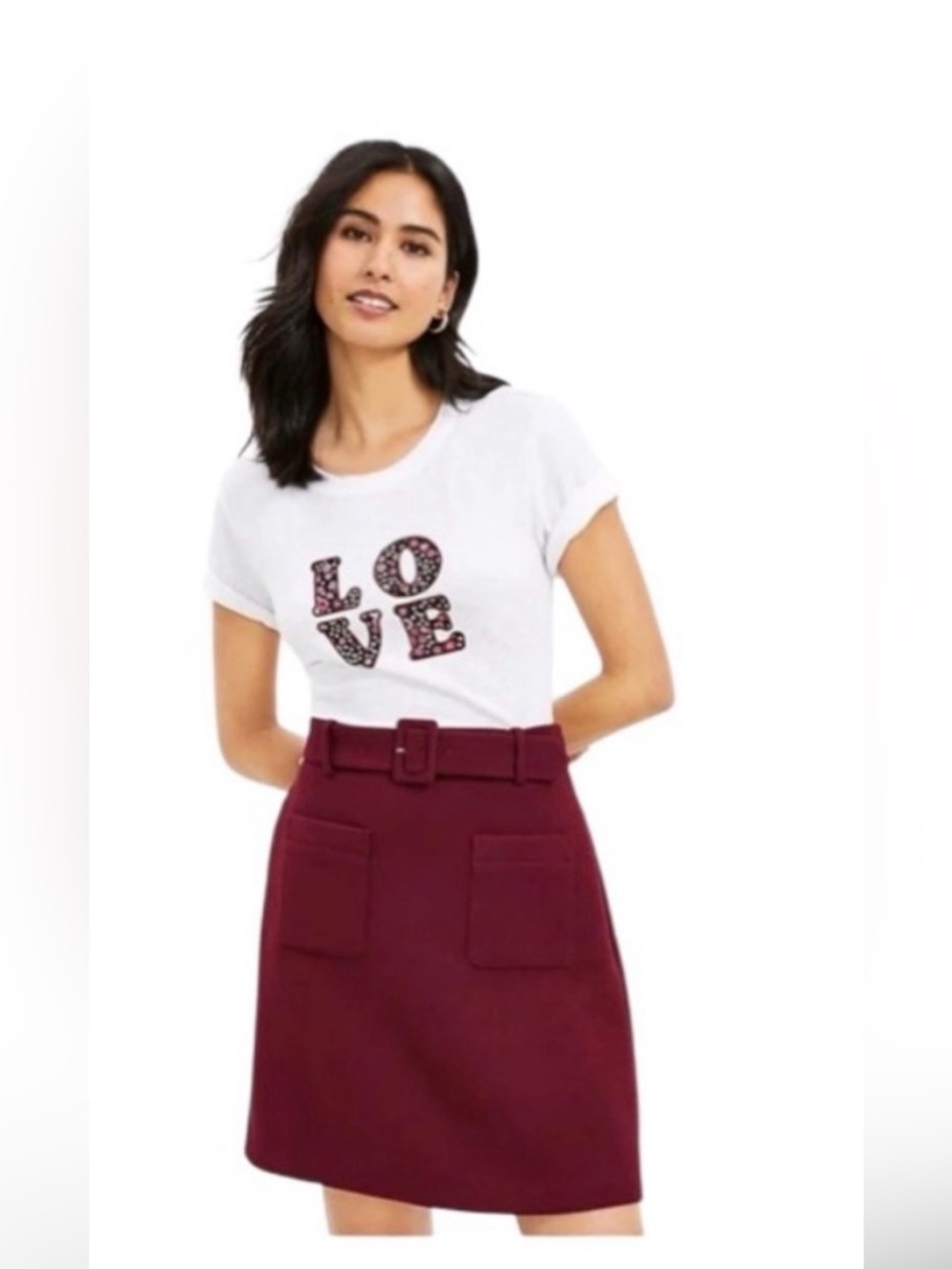 NWT Ann Taylor Loft Belted A-Line Patch Pocket Skirt Wine size8 business-career